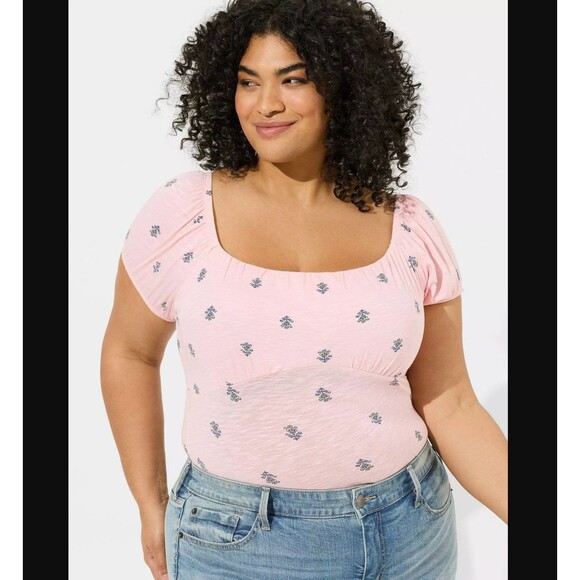 Torrid Super Soft Slub Babydoll Top 2X Pink Ditsy Floral Scoop Neck Stretch NWT - Picture 5 of 13